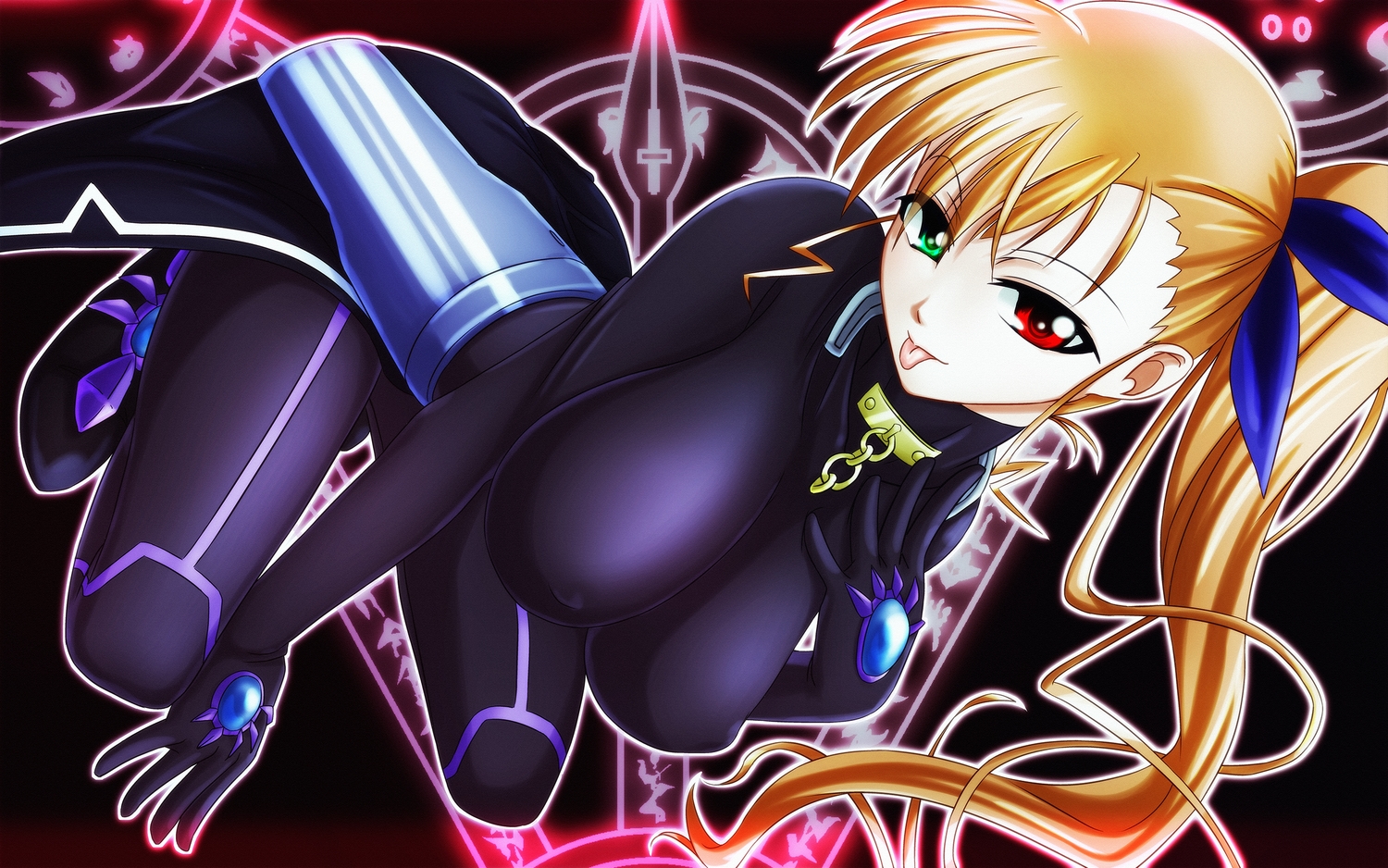 bicolored_eyes, blonde_hair, bodysuit, erect_nipples, esperanza_(wp), long_hair, mahou_shoujo_lyrical_nanoha, mahou_shoujo_lyrical_nanoha_strikers, ponytail, skintight, takamachi_vivio