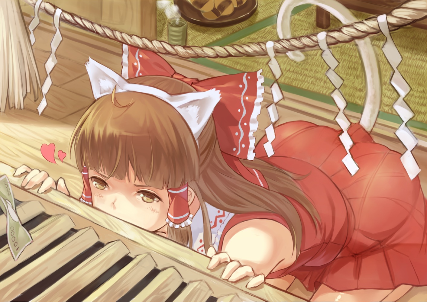animal_ears, bow, brown_eyes, brown_hair, catgirl, drink, hakurei_reimu, headband, japanese_clothes, long_hair, miko, shoutai_(7490773), tail, touhou