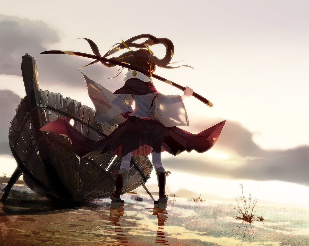 boots, brown_hair, japanese_clothes, miko, original, skirt, sunset, sword, twintails, untan_(nanathy), weapon