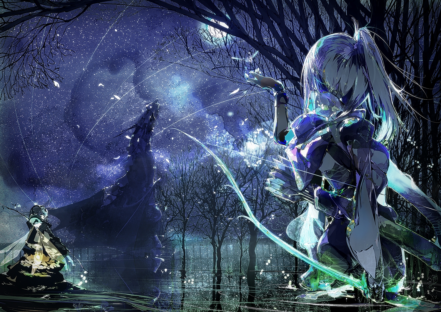 bow_(weapon), dragon, fairy, night, original, ponytail, tree, untan_(nanathy), weapon, white_hair, wings