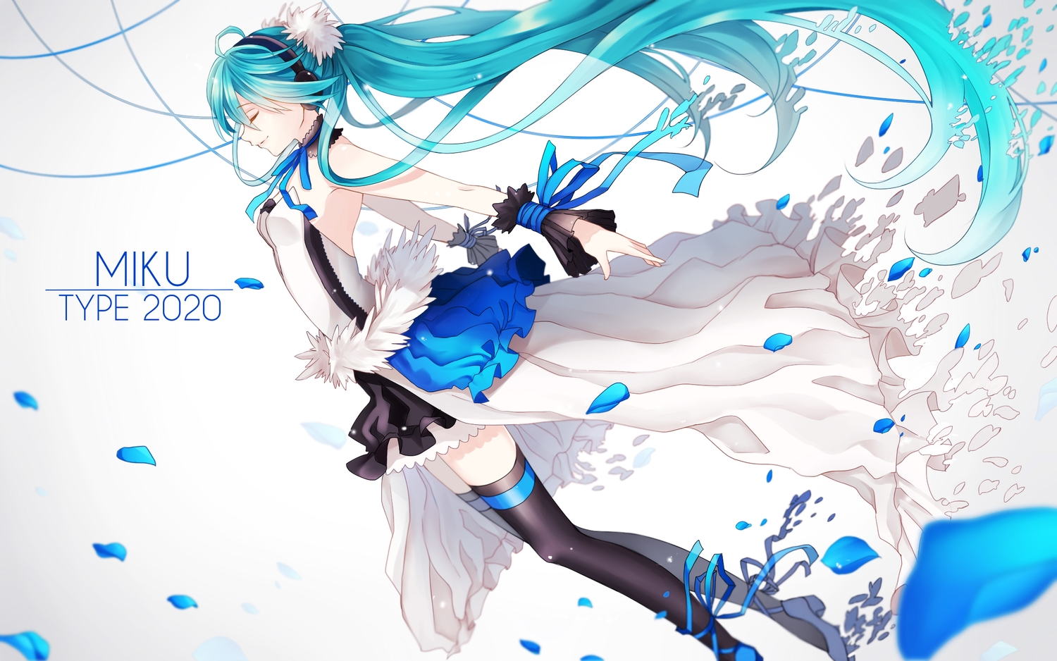 7th_dragon, 7th_dragon_2020, blue_hair, choker, dress, hatsune_miku, headphones, ling_(vivianling), long_hair, petals, ribbons, thighhighs, vocaloid, wristwear