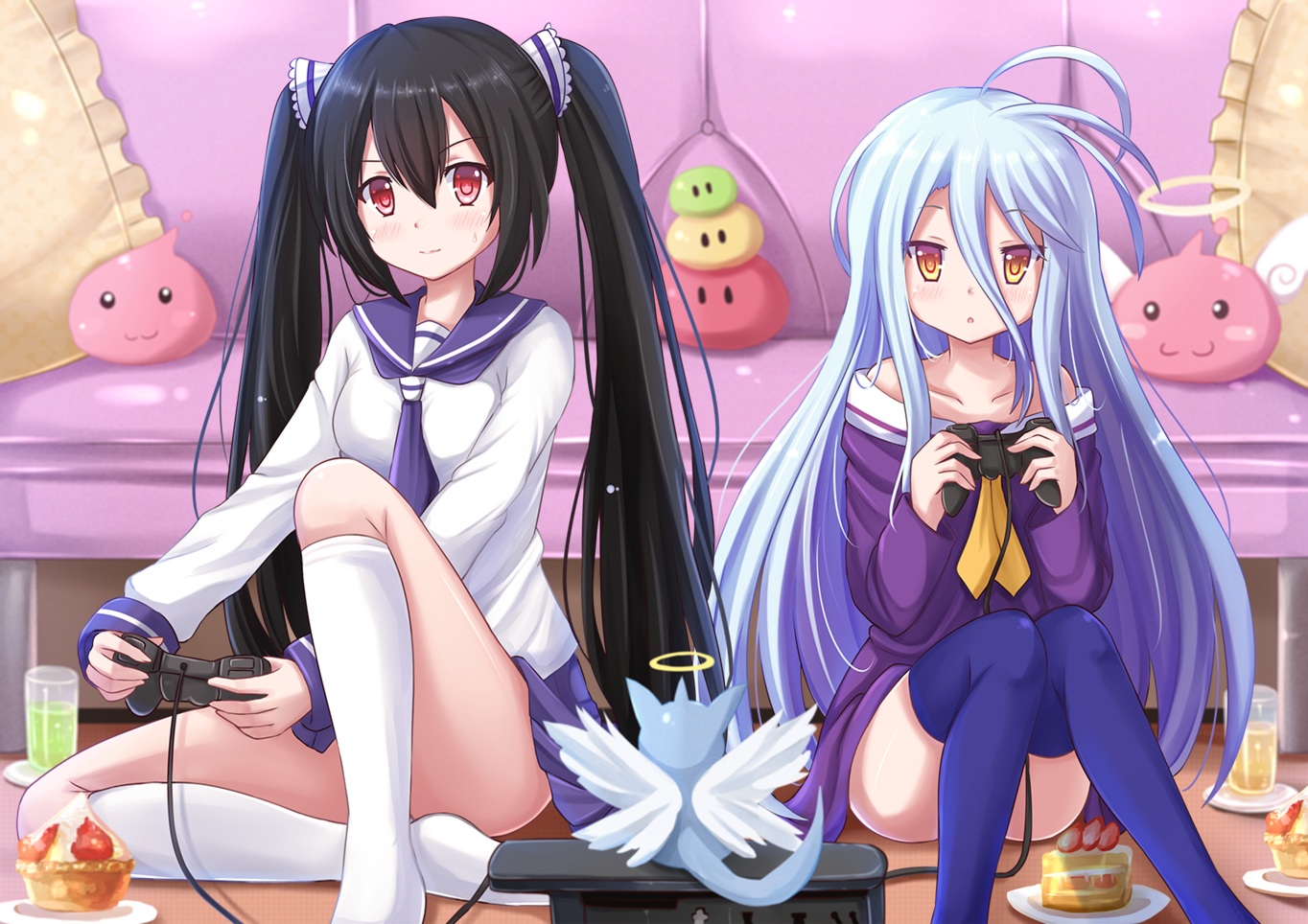 2girls, black_hair, blue_hair, blush, clannad, dango_(clannad), drink, food, fruit, game_console, kazenokaze, kneehighs, loli, long_hair, no_game_no_life, original, red_eyes, school_uniform, shiro_(no_game_no_life), skirt, strawberry, thighhighs, twintails, yellow_eyes