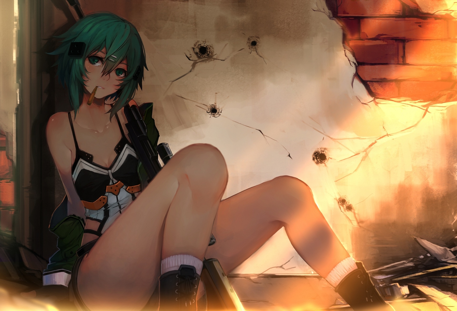 boots, green_eyes, green_hair, gun, gun_gale_online, shinon_(sao), short_hair, socks, sola7764, sword_art_online, weapon