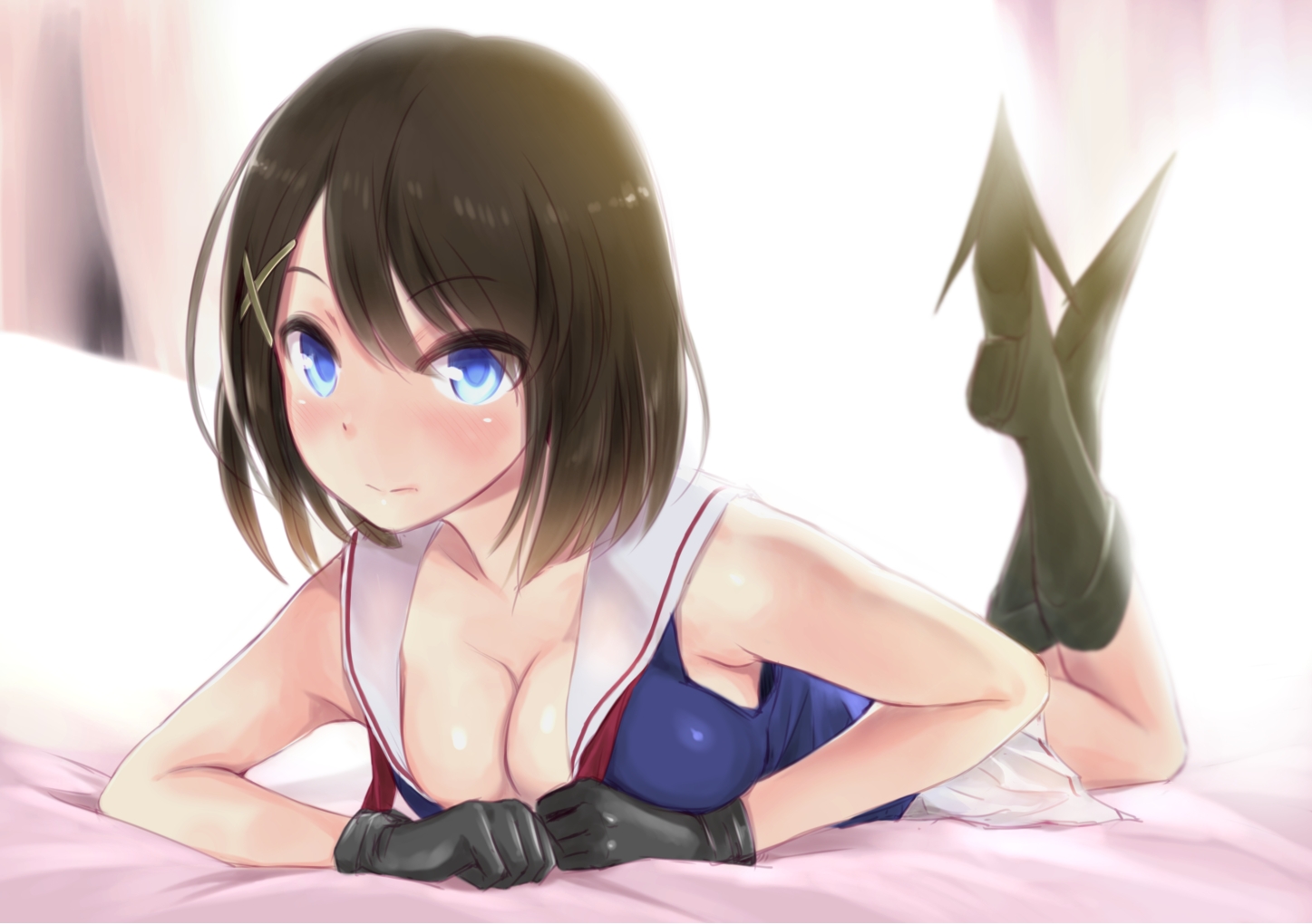 anthropomorphism, black_hair, blue_eyes, blush, boots, breasts, brown_hair, cleavage, gloves, kantai_collection, maya_(kancolle), short_hair, wa_(genryusui)