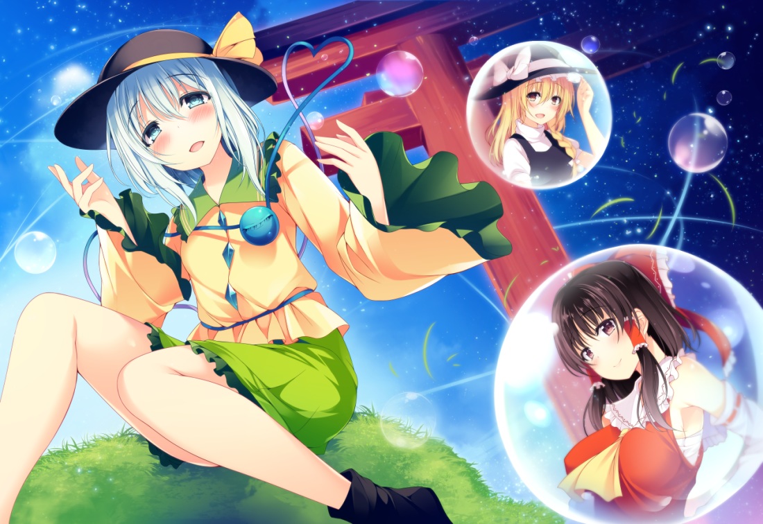 blonde_hair, blue_eyes, blush, brown_eyes, brown_hair, bubbles, hakurei_reimu, hat