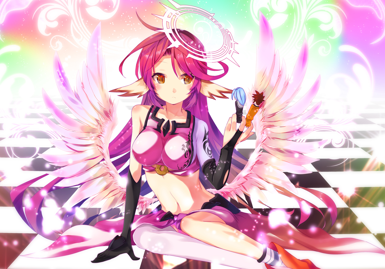 2mota, animal_ears, elbow_gloves, gloves, halo, jibril, long_hair, navel, no_game_no_life, orange_eyes, purple_hair, red_hair, socks, thighhighs, wings