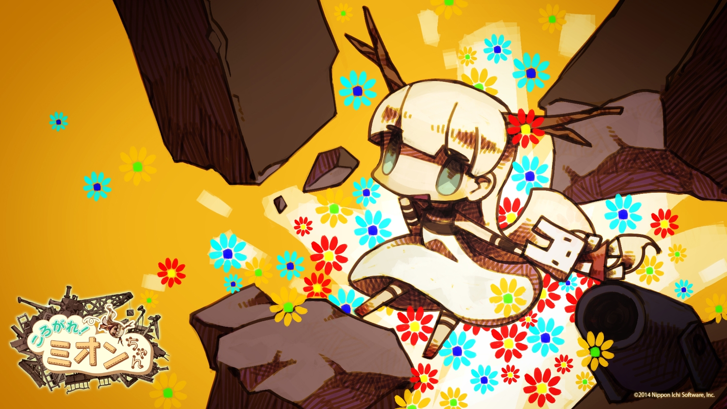 flowers, green_eyes, horns, hotaru_no_nikki, logo, long_hair, mion_(hotaru_no_nikki), nippon_ichi, watermark, white_hair, yellow