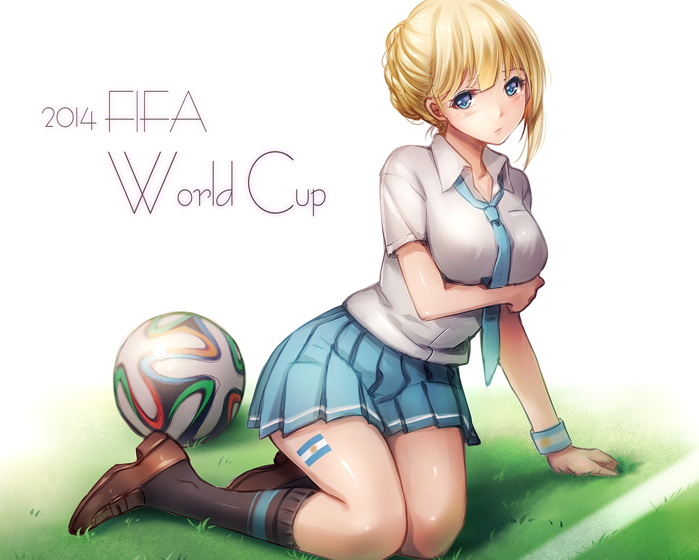 ball, blonde_hair, blue_eyes, breast_hold, kneehighs, original, school_uniform, short_hair