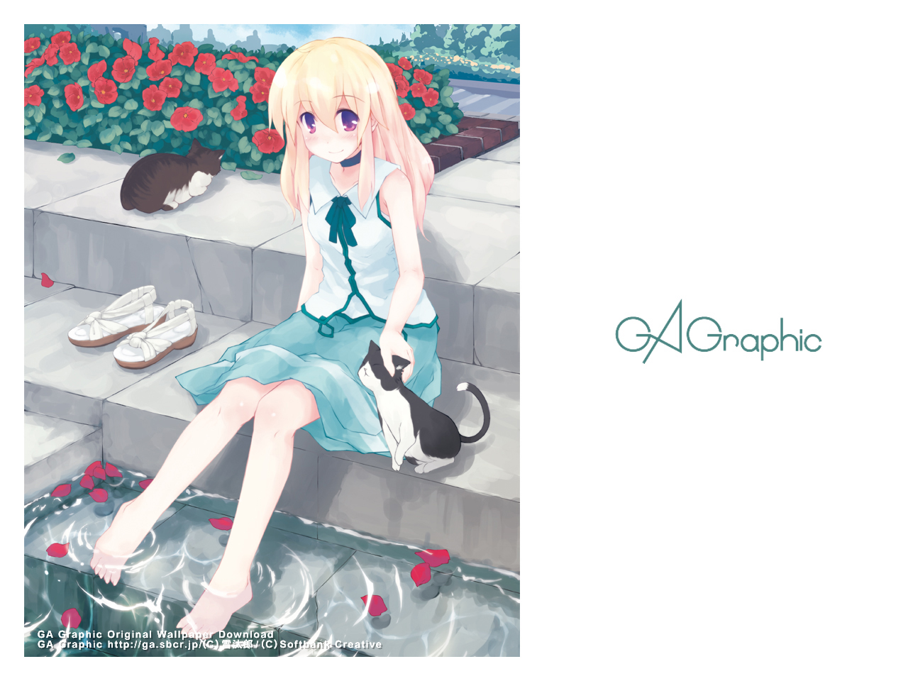 animal, barefoot, blonde_hair, cat, flowers, gagraphic, logo, long_hair, original, petals, purple_eyes, skirt, water, watermark, yukitaro