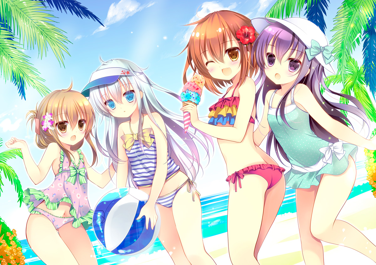akatsuki_(kancolle), anthropomorphism, aqua_eyes, ball, beach, bikini, blush, bow, brown_eyes, brown_hair, food, group, hat, hibiki_(kancolle), ice_cream, ikazuchi_(kancolle), inazuma_(kancolle), kantai_collection, loli, long_hair, navel, purple_eyes, purple_hair, shirogane_hina, short_hair, swimsuit, verniy_(kancolle), water, white_hair, wink