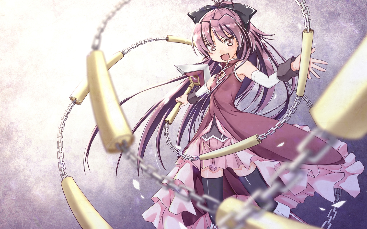 chain, fang, long_hair, mahou_shoujo_madoka_magica, red_eyes, red_hair, sakura_kyouko, shinohara_shinome