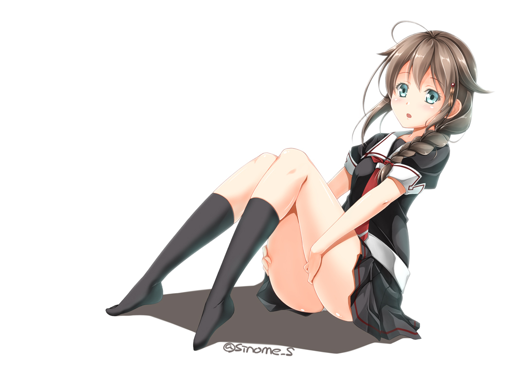 anthropomorphism, blue_eyes, braids, brown_hair, kantai_collection, kneehighs, school_uniform, shigure_(kancolle), shinohara_shinome, signed, skirt, white