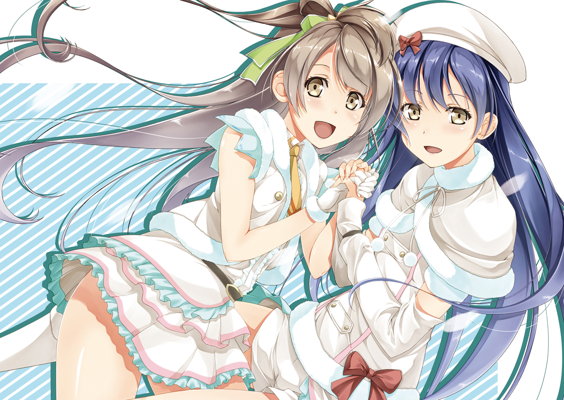2girls, blue_hair, brown_eyes, brown_hair, gloves, hat, long_hair, love_live!_school_idol_project, minami_kotori, shinohara_shinome, skirt, sonoda_umi, tie
