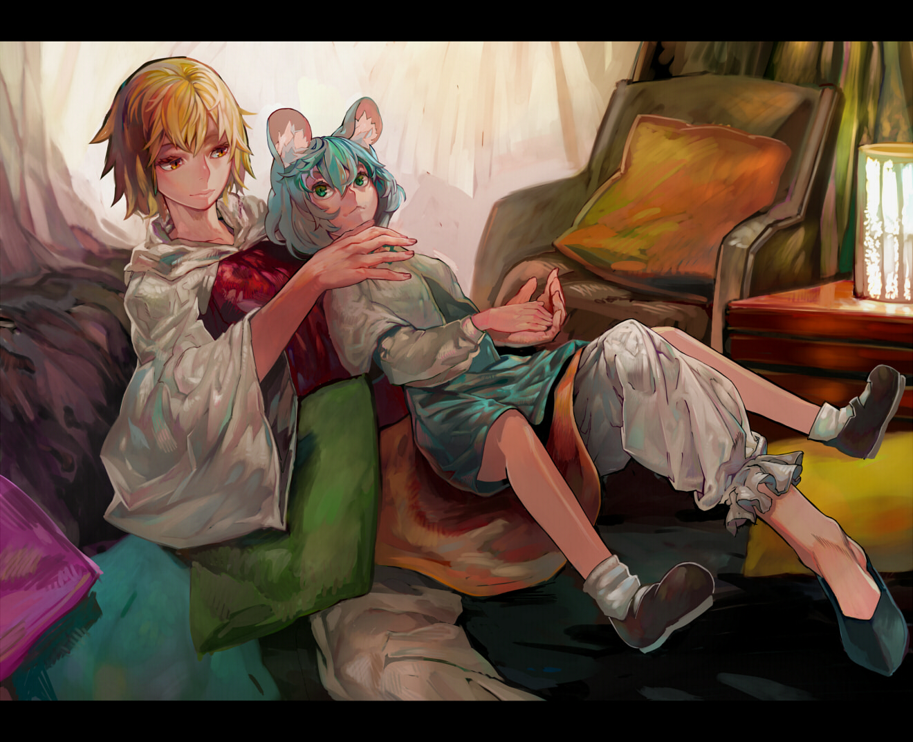 2girls, animal_ears, aqua_hair, blonde_hair, green_eyes, mousegirl, nazrin, onion_(onion_and_pi-natto)