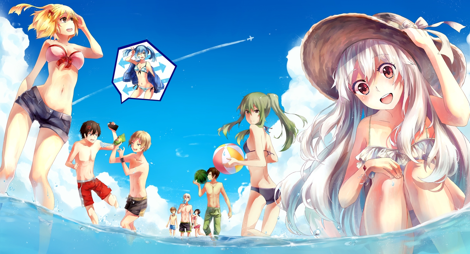 amamiya_hibiya, asahina_hiyori, bikini, blonde_hair, blue_hair, brown_eyes, brown_hair, ene_(kagerou_project), food, fruit, green_hair, group, hat, kagerou_project, kano_shuuya, kido_tsubomi, kisaragi_momo, kisaragi_shintaro, konoha_(kagerou_project), kozakura_mary, long_hair, male, navel, phone, ponytail, popsicle, red_eyes, seto_kousuke, short_hair, shorts, sky, swimsuit, teka, twintails, water, watermelon, white_hair, wink, wristwear
