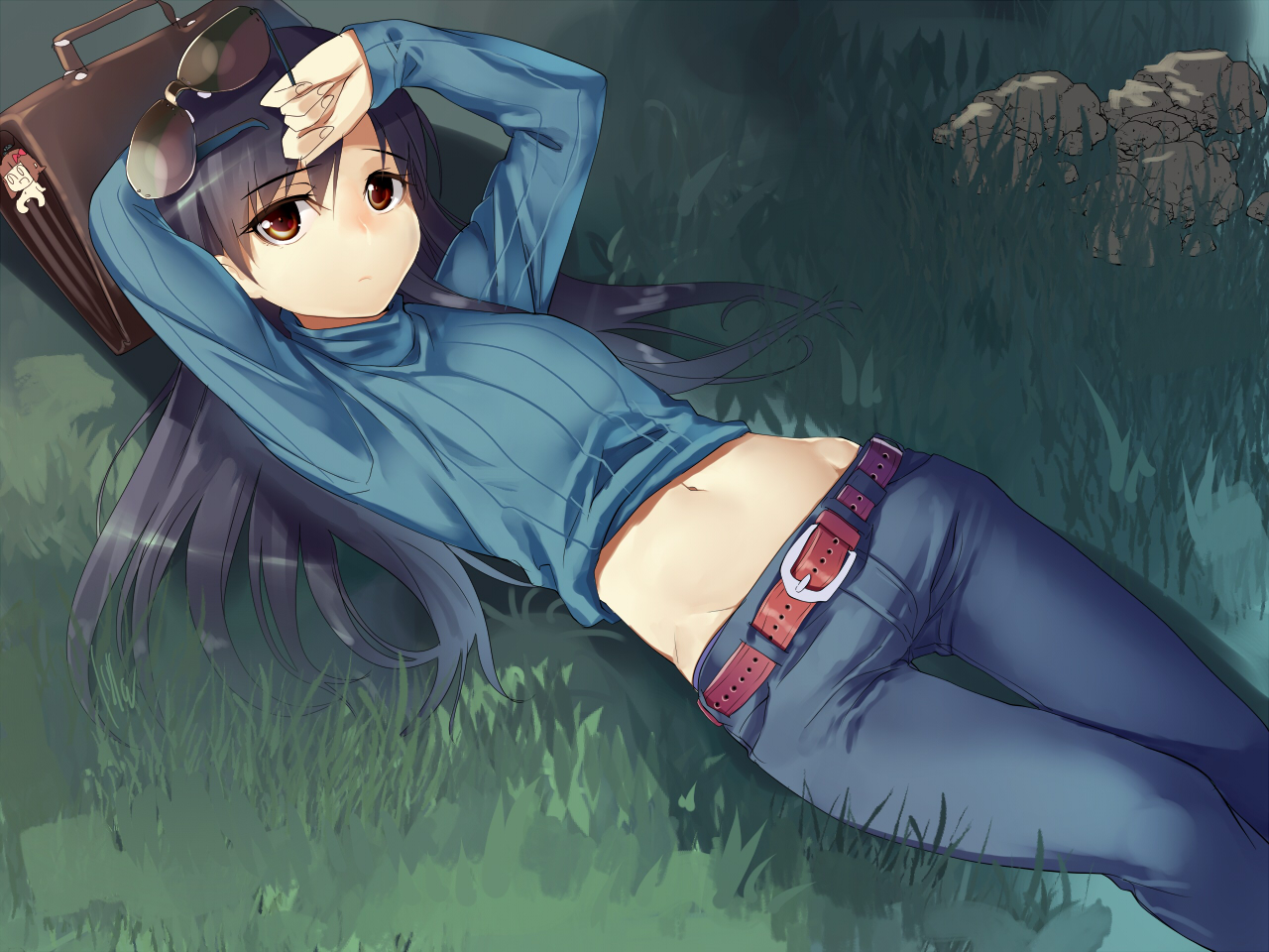 black_hair, brown_eyes, grass, idolmaster, kisaragi_chihaya, long_hair, maitake_(loose), navel, nonowa, sunglasses