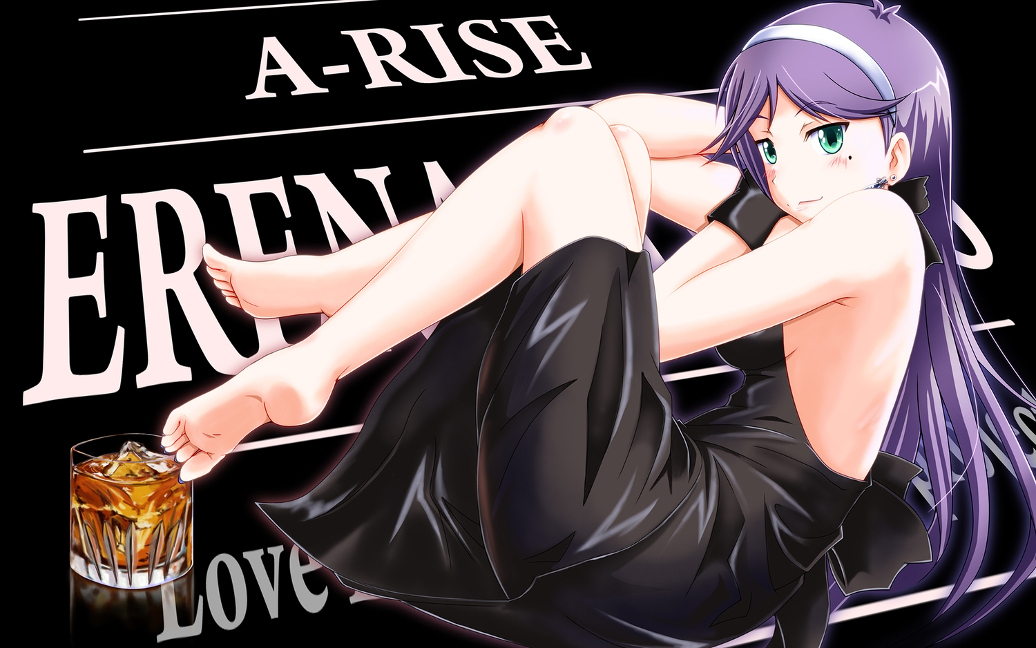 barefoot, blush, cci98540, dress, drink, green_eyes, headband, long_hair, love_live!_school_idol_project, purple_hair, toudou_erena