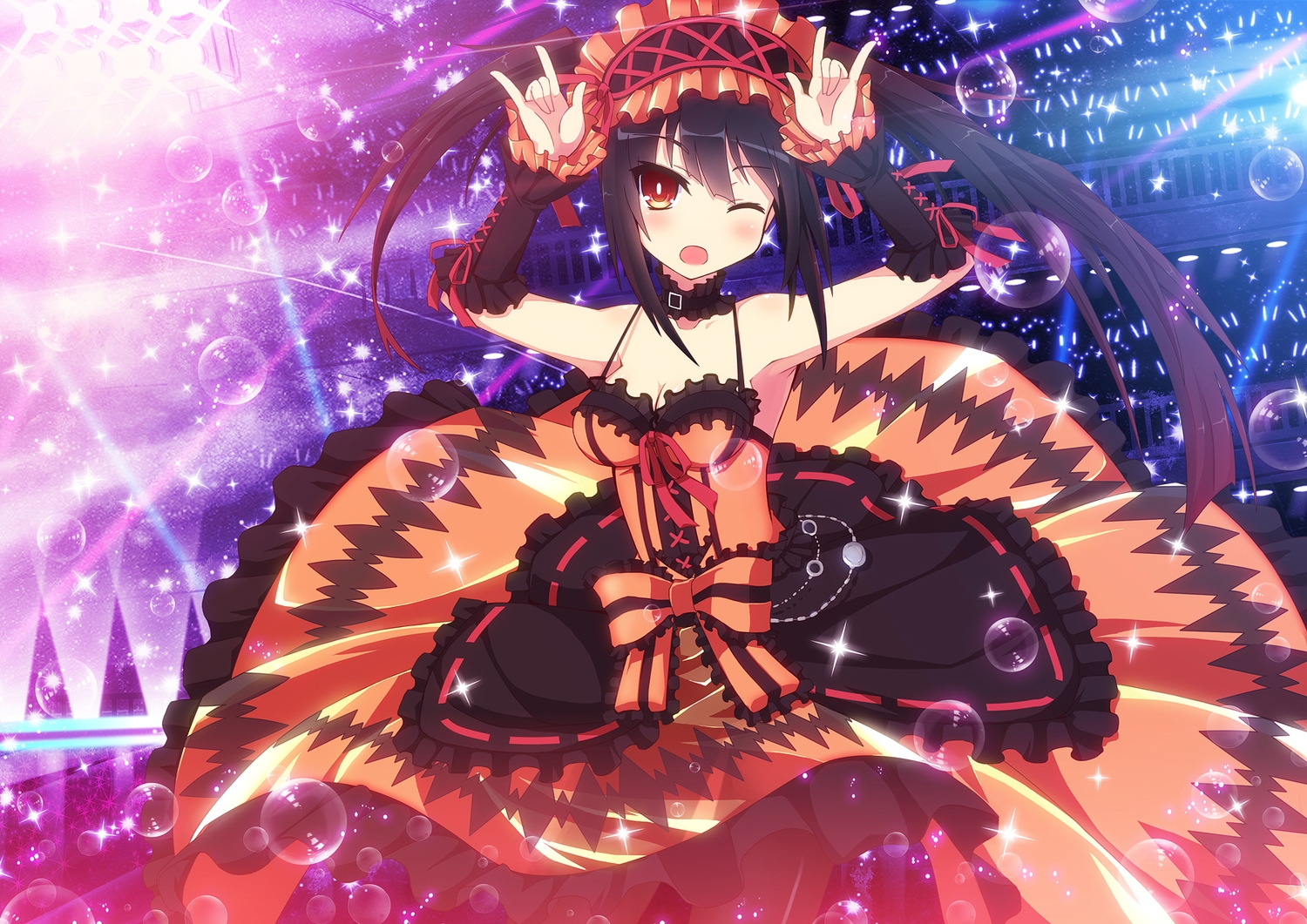 black_hair, bow, bubbles, choker, date_a_live, dress, headdress, long_hair, red_eyes, tokisaki_kurumi, twintails, uiu, wink, wristwear