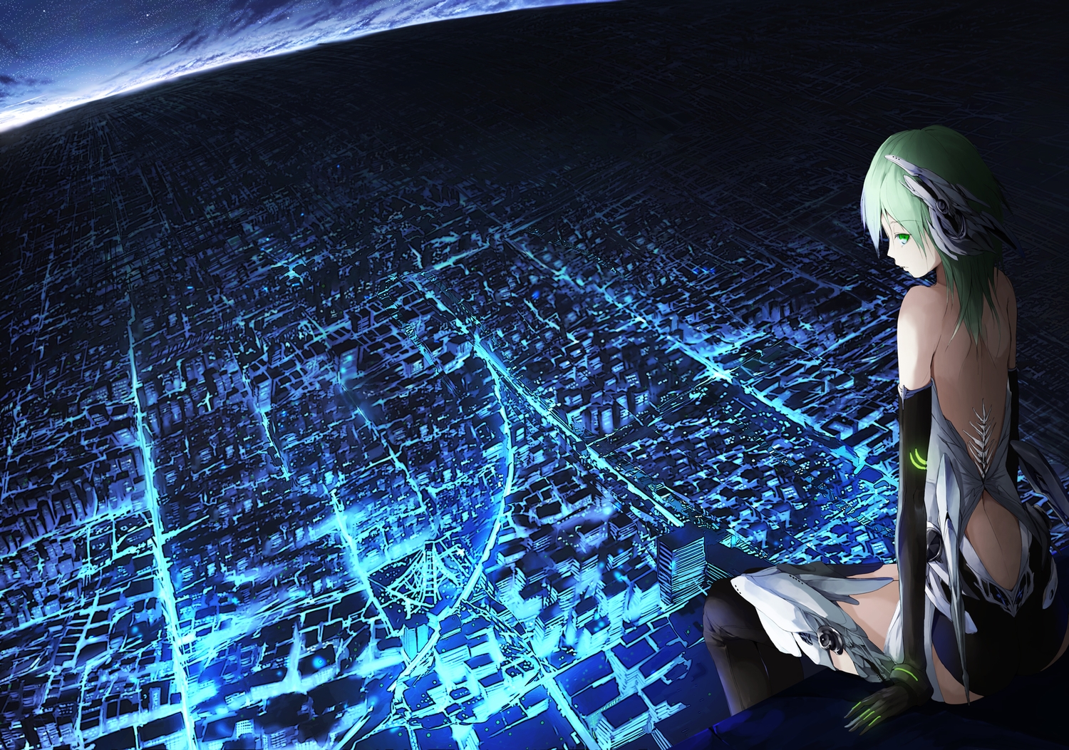 building, city, elbow_gloves, gloves, green_eyes, green_hair, original, rooftop, short_hair, thighhighs, tyappygain