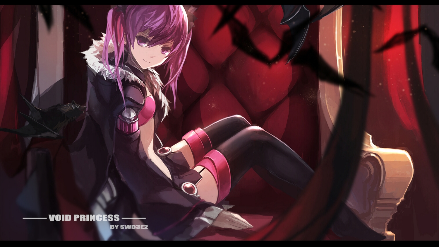 aisha_(elsword), animal, bat, elsword, purple_eyes, purple_hair, stockings, swd3e2
