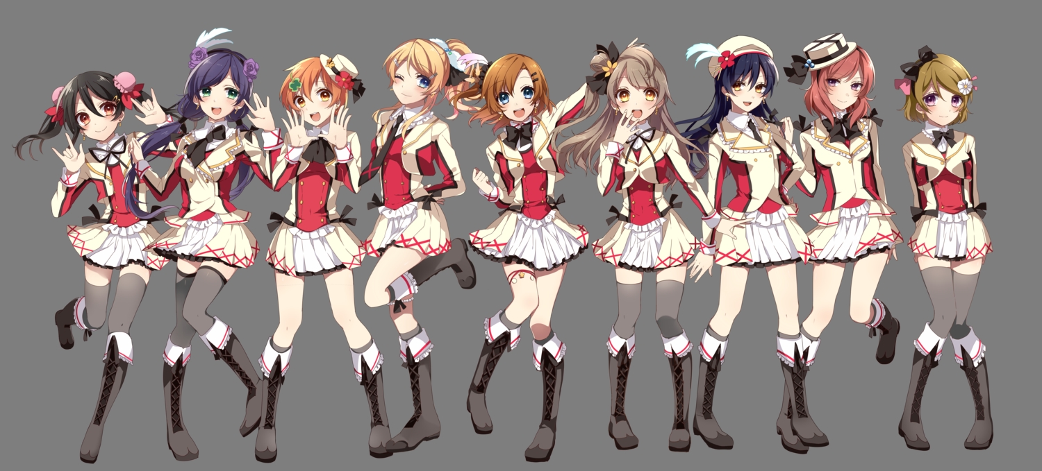 ayase_eri, black_hair, blonde_hair, blue_eyes, blue_hair, blush, boots, brown_eyes