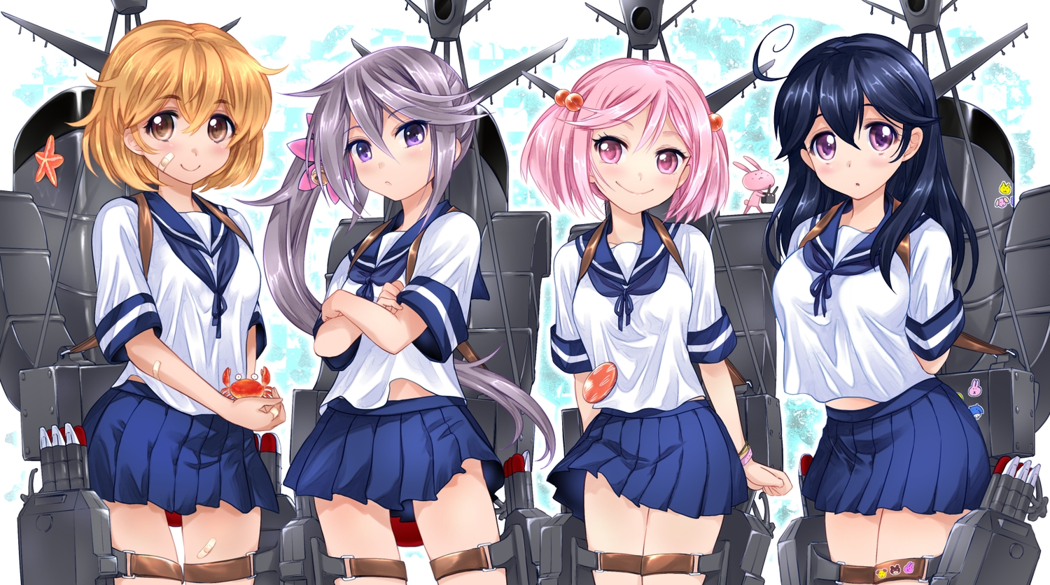 akebono_(kancolle), animal, anthropomorphism, bandaid, bell, blonde_hair, blue_hair, brown_eyes, crab, group, kantai_collection, long_hair, oboro_(kancolle), pink_eyes, pink_hair, ponytail, purple_eyes, purple_hair, sazanami_(kancolle), school_uniform, short_hair, skirt, sumeragi_hamao, ushio_(kancolle)