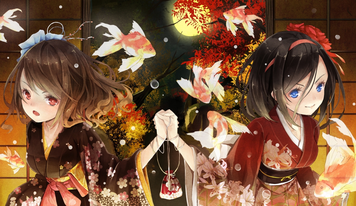 2girls, animal, autumn, black_hair, blue_eyes, brown_hair, fish, headband