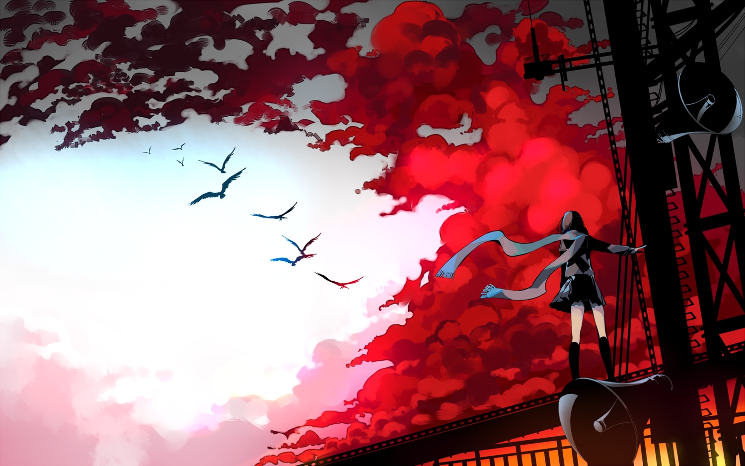 animal, bird, clouds, kagerou_project, kneehighs, scarf, school_uniform, sennro, skirt, sky, tateyama_ayano