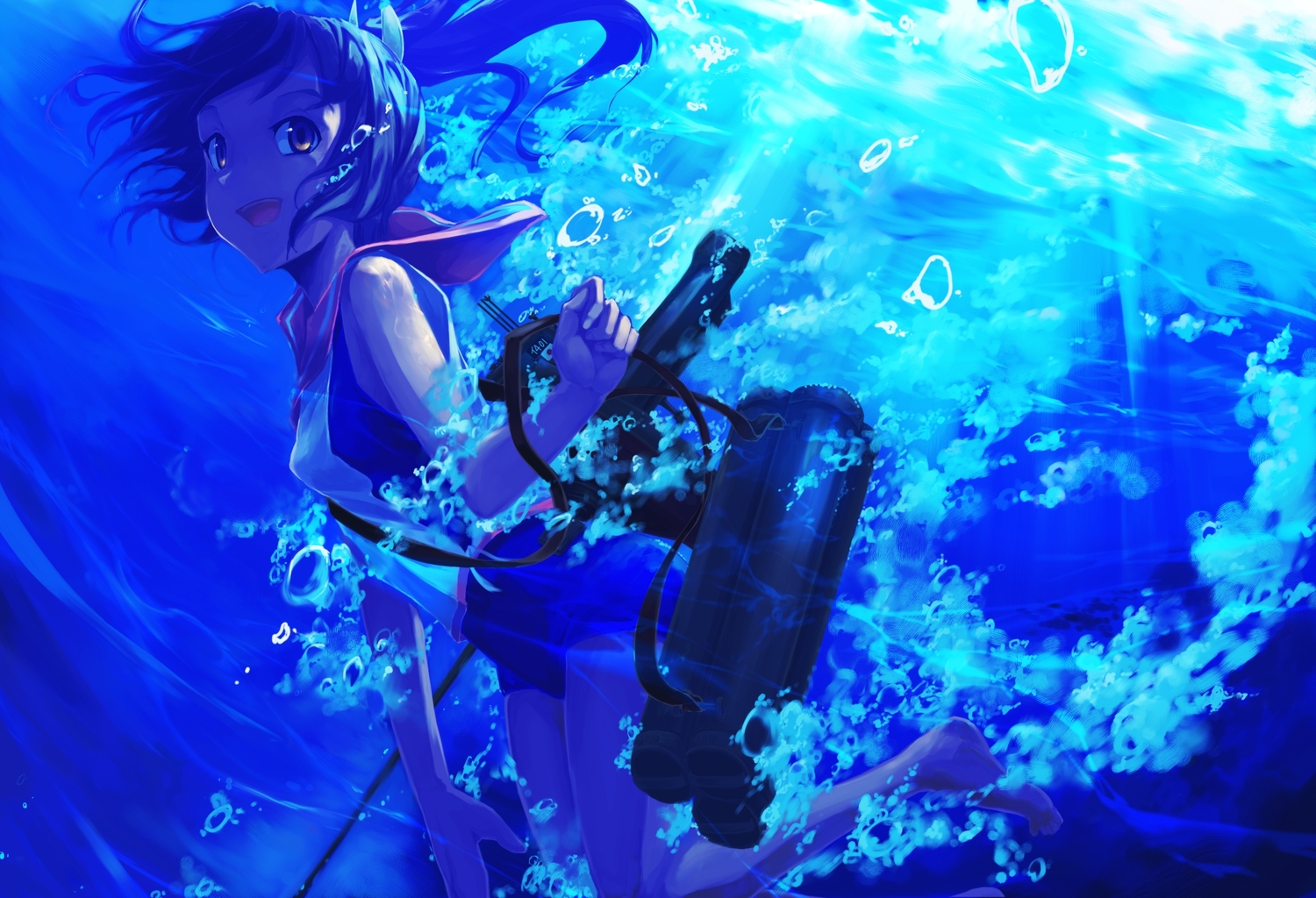 anthropomorphism, barefoot, brown_eyes, bubbles, i-401_(kancolle), kantai_collection, ponytail, sorano_eika, underwater, water, weapon