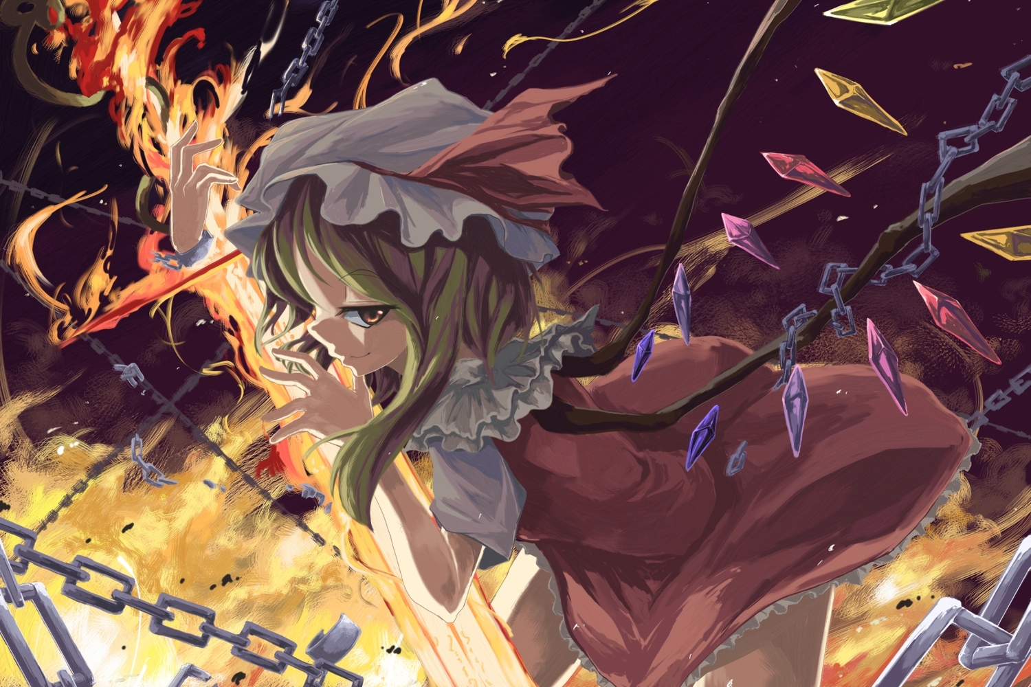 brown_eyes, chain, dress, fire, flandre_scarlet, hat, short_hair, sorano_eika