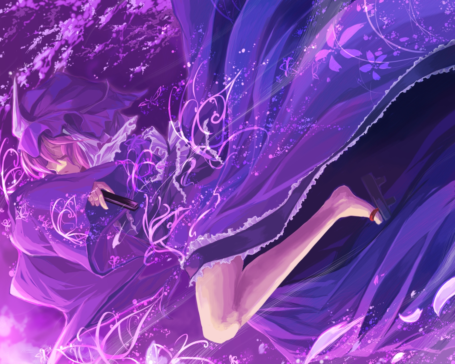 dress, fan, hat, petals, pink_hair, saigyouji_yuyuko, sorano_eika, touhou