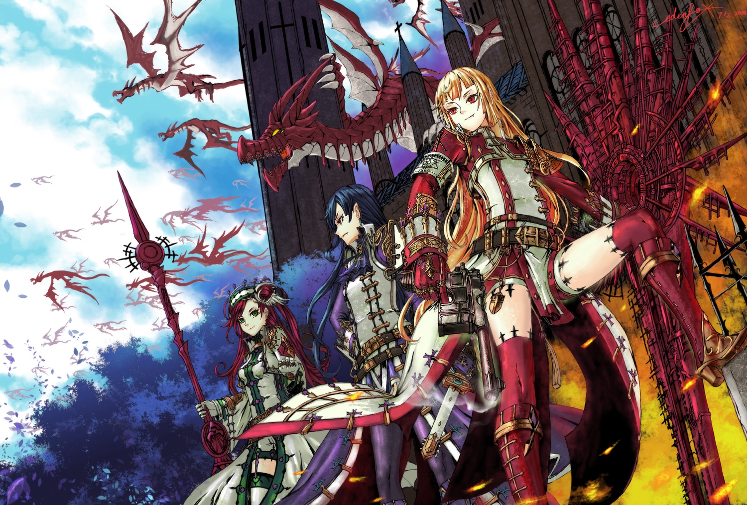 armor, black_hair, blonde_hair, dragon, edenfox, fang, gloves, green_eyes