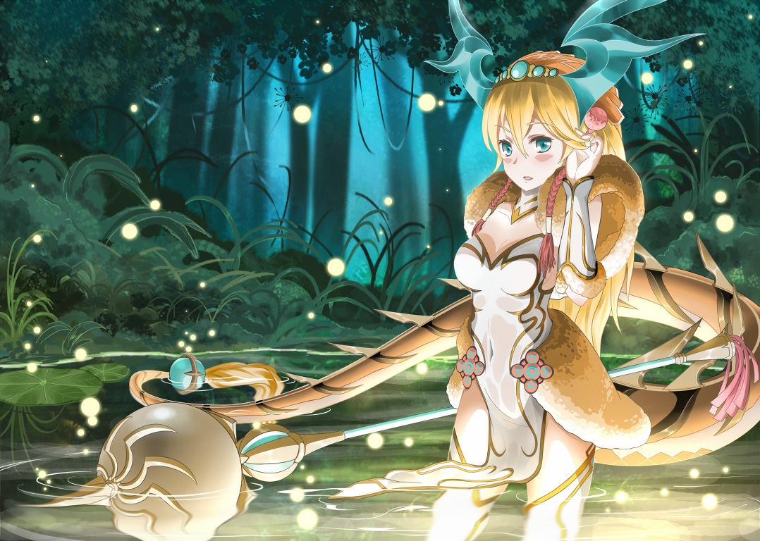 aqua_eyes, blonde_hair, brianchan.t.w, choker, forest, long_hair, puzzle_&_dragons, sakuya_(p&d), staff, tail, thighhighs, tree, water, weapon