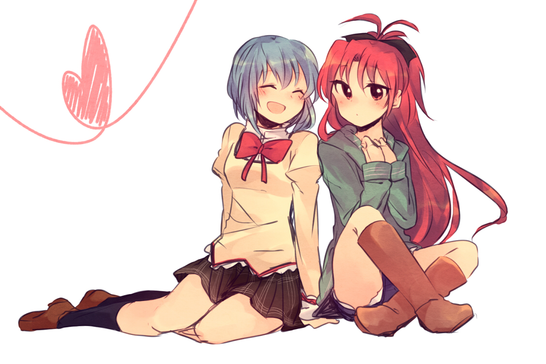 2girls, blue_hair, blush, boots, bow, long_hair, mahou_shoujo_madoka_magica, miki_sayaka