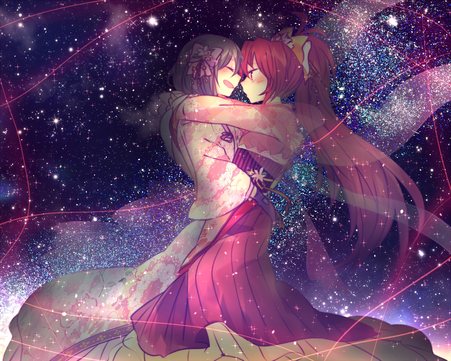 2girls, blue_hair, blush, gloves, hug, japanese_clothes, kimono, long_hair, mahou_shoujo_madoka_magica, miki_sayaka, mizuki_(flowerlanguage), night, ponytail, red_eyes, red_hair, sakura_kyouko, short_hair, shoujo_ai, stars