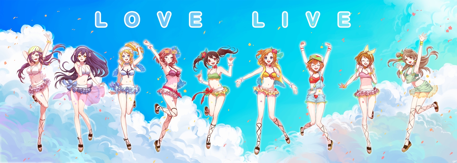 ayase_eri, bikini, black_hair, blonde_hair, blue_eyes, brown_eyes, brown_hair, chim_(pumpkin610), choker, dualscreen, green_eyes, group, hat, headband, hoshizora_rin, koizumi_hanayo, kousaka_honoka, long_hair, love_live!_school_idol_project, minami_kotori, navel, nishikino_maki, purple_eyes, purple_hair, red_eyes, red_hair, short_hair, shorts, skirt, sonoda_umi, sunglasses, swimsuit, toujou_nozomi, twintails, wink, yazawa_nico