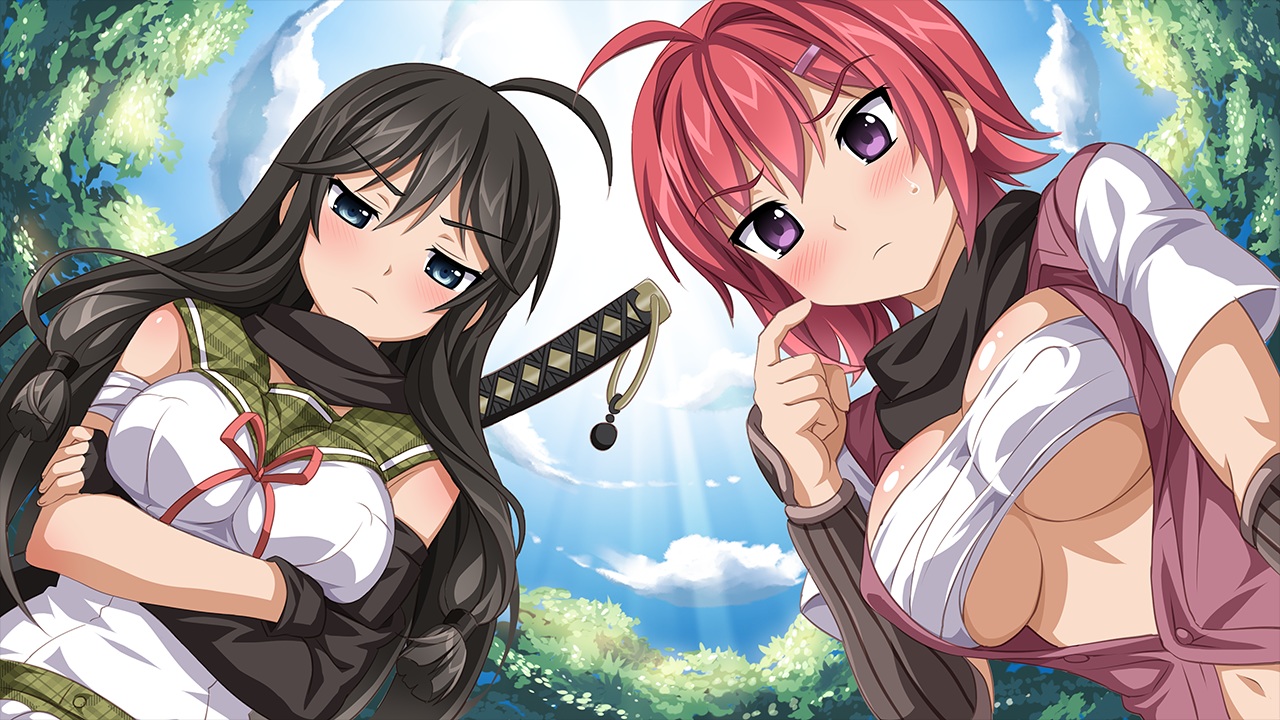 2girls, bandage, black_hair, blue_eyes, blush, breasts, cleavage, clouds, elbow_gloves, erect_nipples, forest, game_cg, gloves, hikage_narumi, long_hair, navel, open_shirt, purple_eyes, red_hair, sakura_spirit, sarashi, scarf, school_uniform, short_hair, sky, sword, tree, tsukino_miyu, underboob, underwear, wanaca, weapon, winged_cloud