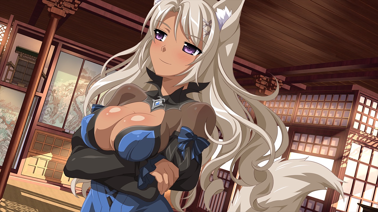 animal_ears, blush, breast_hold, breasts, cleavage, dark_skin, erect_nipples, foxgirl