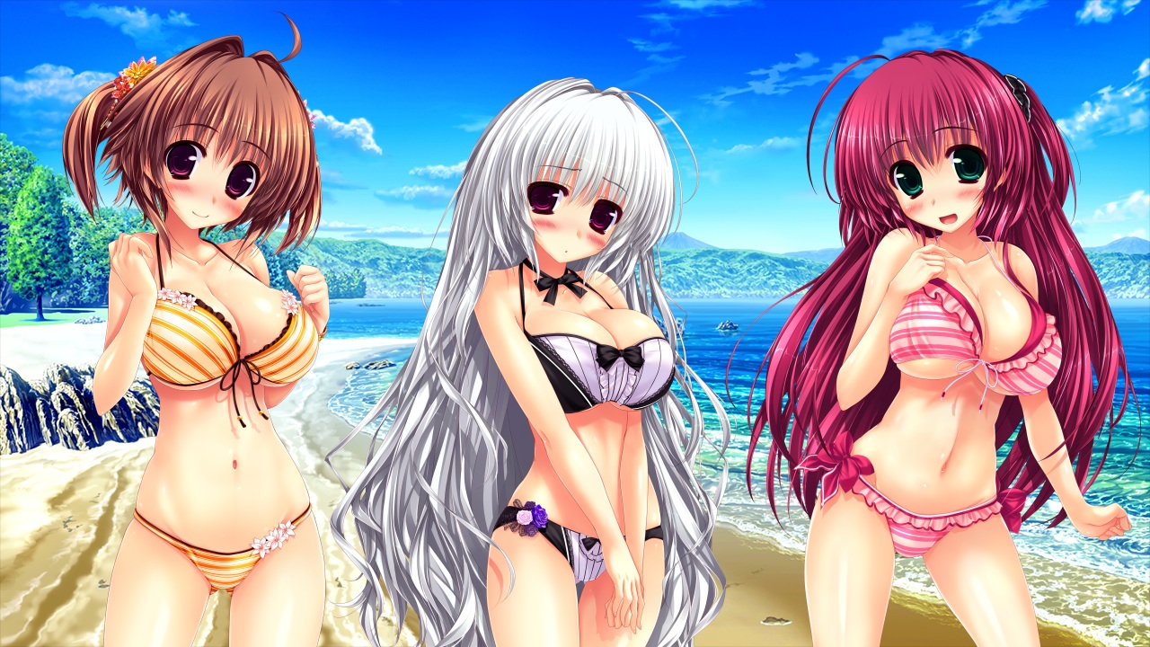 beach, bikini, blush, game_cg, kaidou_ririko, oshiki_hitoshi, sakigake_generation, shikishima_natsume, swimsuit, yukinomiya_an'on
