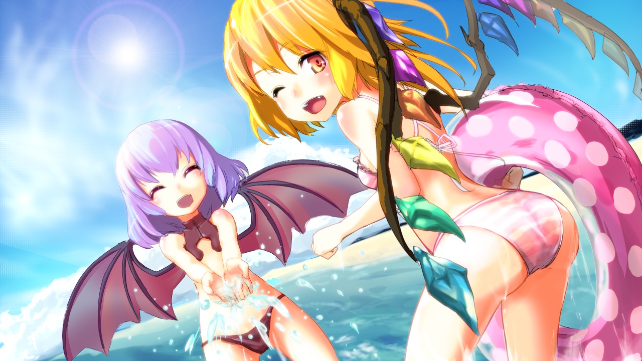 2girls, ass, beach, bikini, blonde_hair, fang, flandre_scarlet, purple_hair, remilia_scarlet, swim_ring, swimsuit, touhou, vampire, water, wings, wink, yumeneko_(likequana)