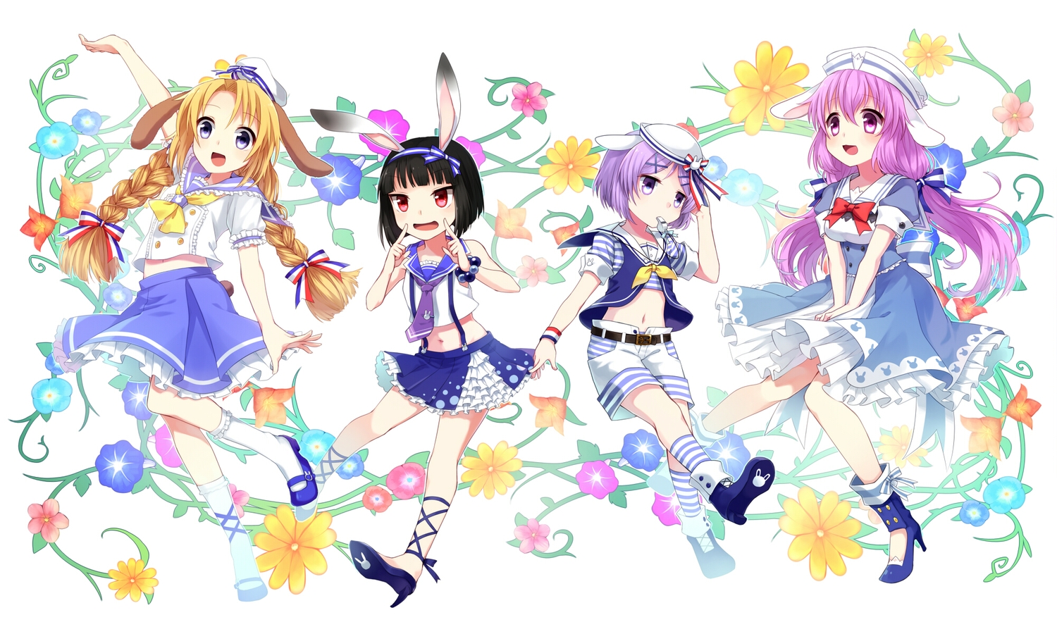 animal_ears, black_hair, blonde_hair, blue_eyes, bow, bunny_ears, bunnygirl, dress, flowers, hat, long_hair, mikan_(ama_no_hakoniwa), navel, original, purple_eyes, purple_hair, red_eyes, short_hair, shorts, skirt