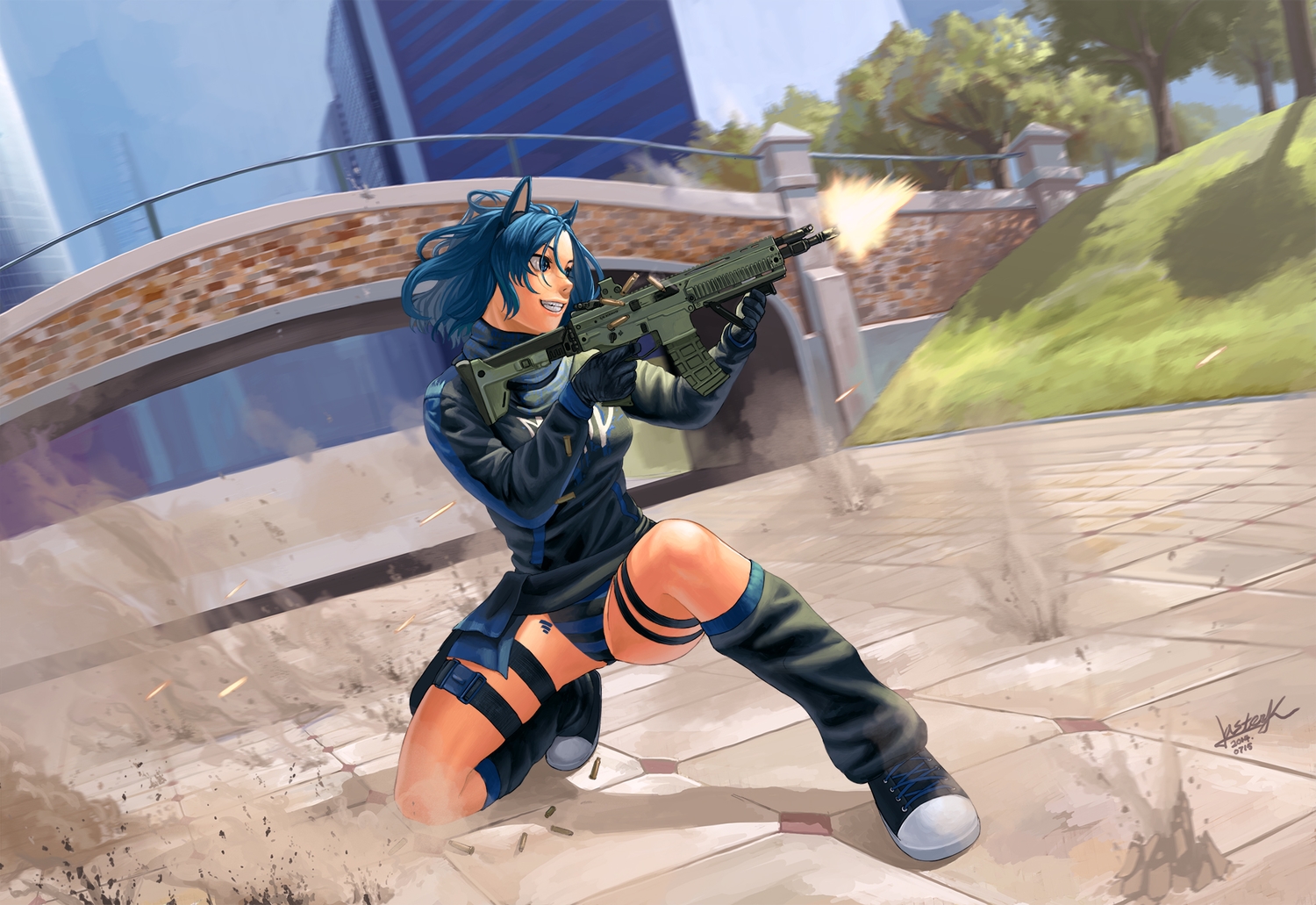 all_points_bulletin, animal_ears, blue_hair, gun, lasterk, original, panties, striped_panties, underwear, weapon