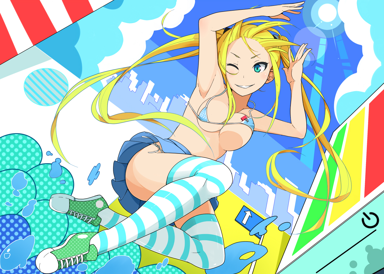 aqua_eyes, bikini_top, blonde_hair, breasts, haseneko, original, skirt, summer, thighhighs, twintails, wink