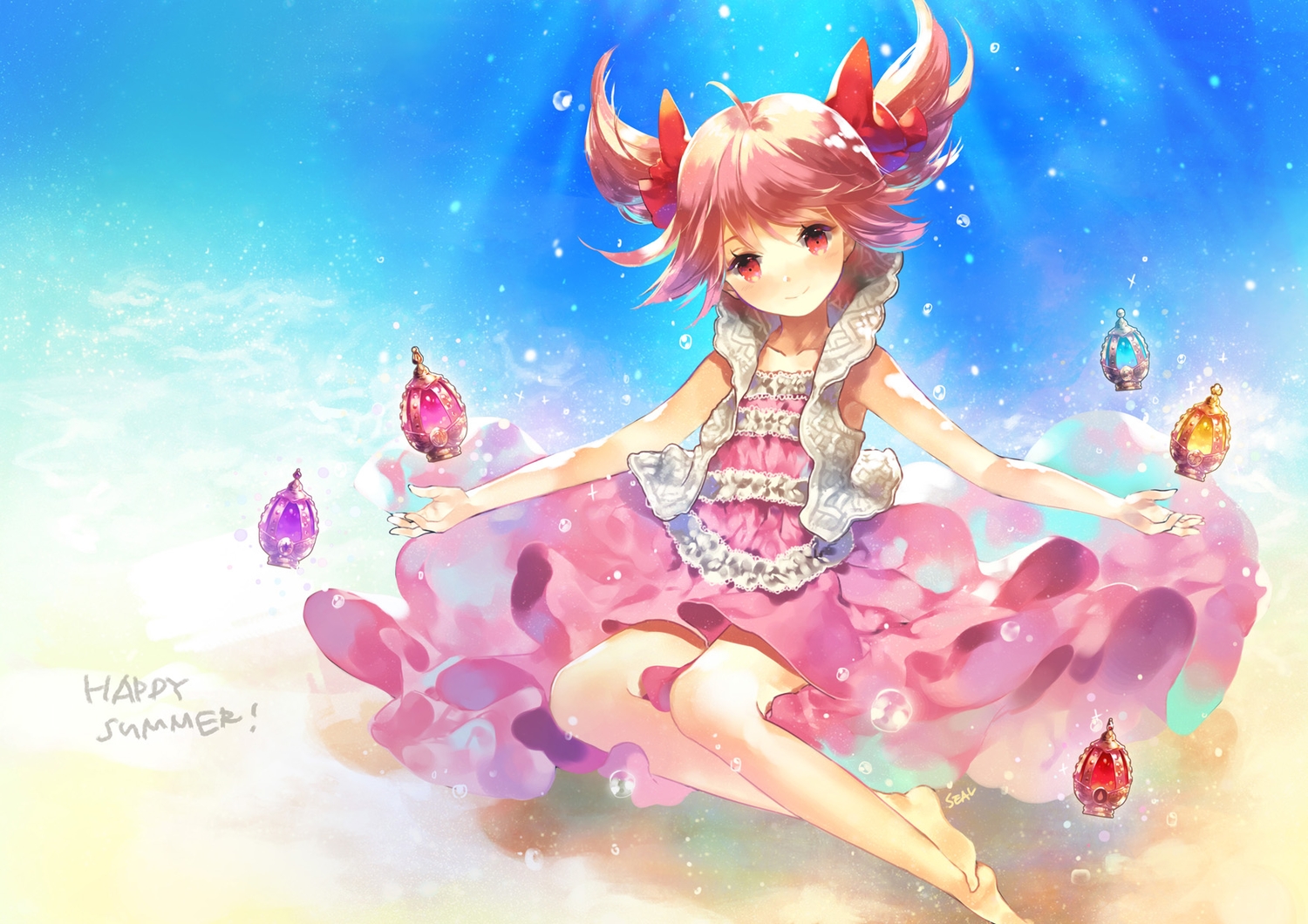 dress, kaname_madoka, mahou_shoujo_madoka_magica, pink_eyes, pink_hair, seal_(pukozin), underwater, water