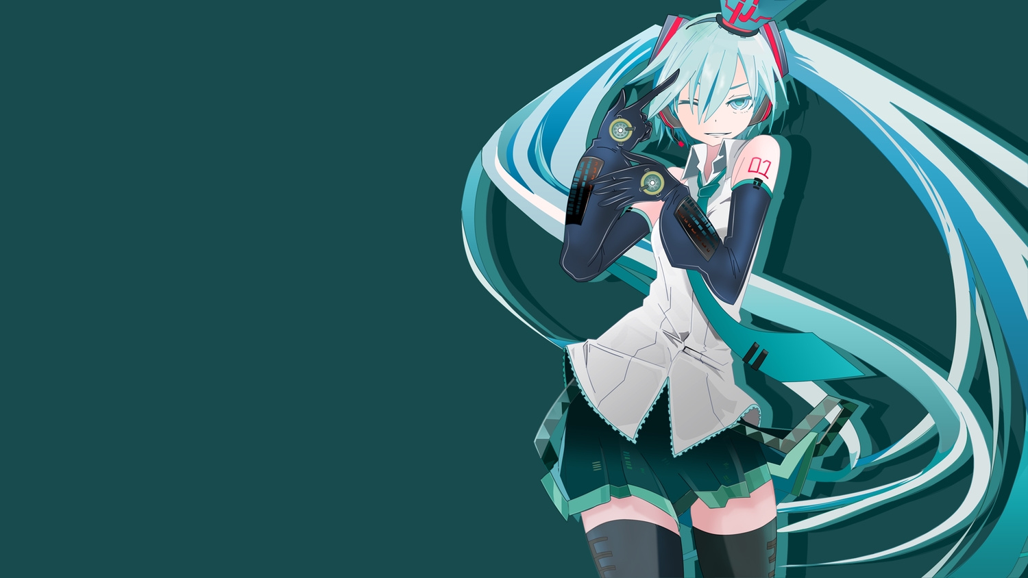 aqua_eyes, aqua_hair, crown, gloves, hatsune_miku, long_hair, skirt, tansuke