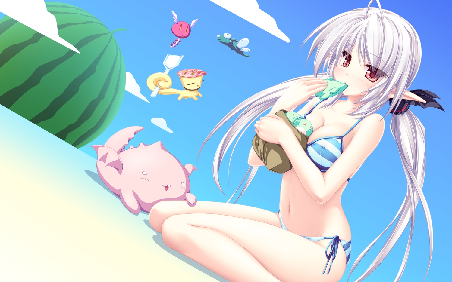 bikini, blush, breasts, cleavage, erect_nipples, food, fruit, long_hair, pointed_ears, sky, suzukaze_no_melt, suzu_(suzukaze_no_melt), swimsuit, tenmaso, watermelon, whirlpool, wings