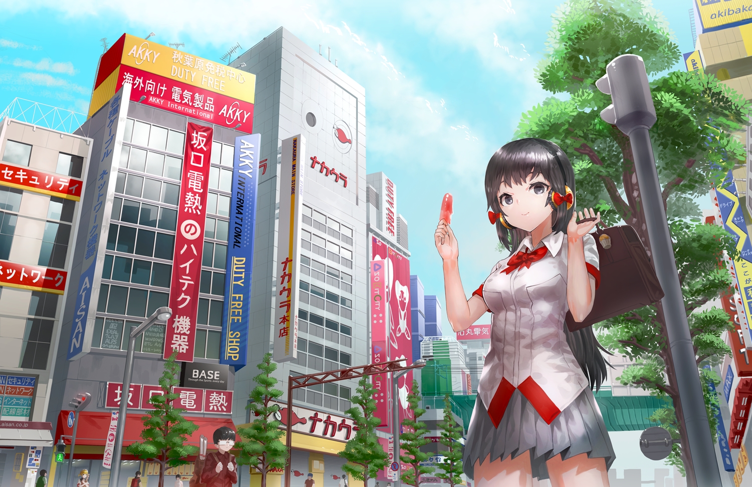 black_eyes, black_hair, building, city, headphones, kfr, original, popsicle