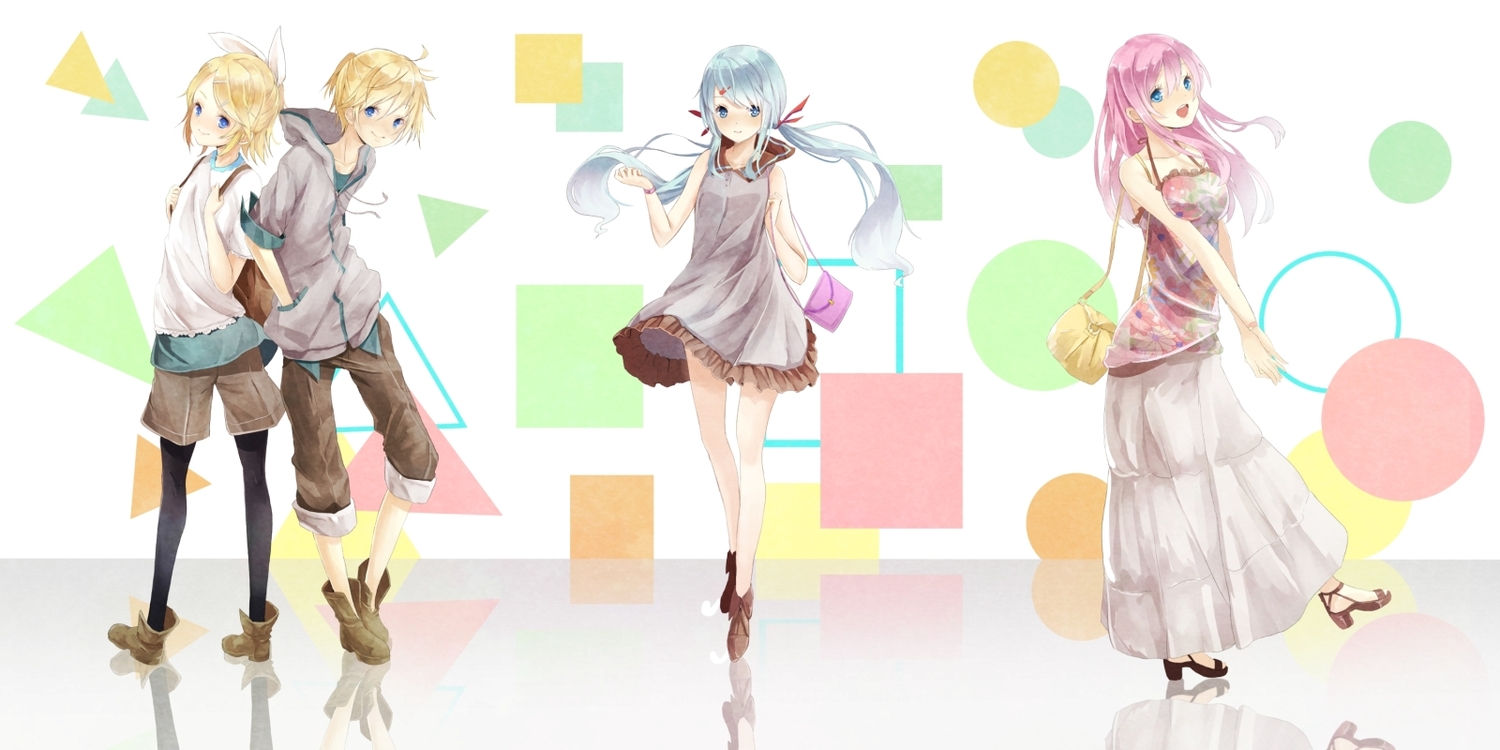 blonde_hair, blue_eyes, blue_hair, boots, dress, hatsune_miku, kagamine_len, kagamine_rin