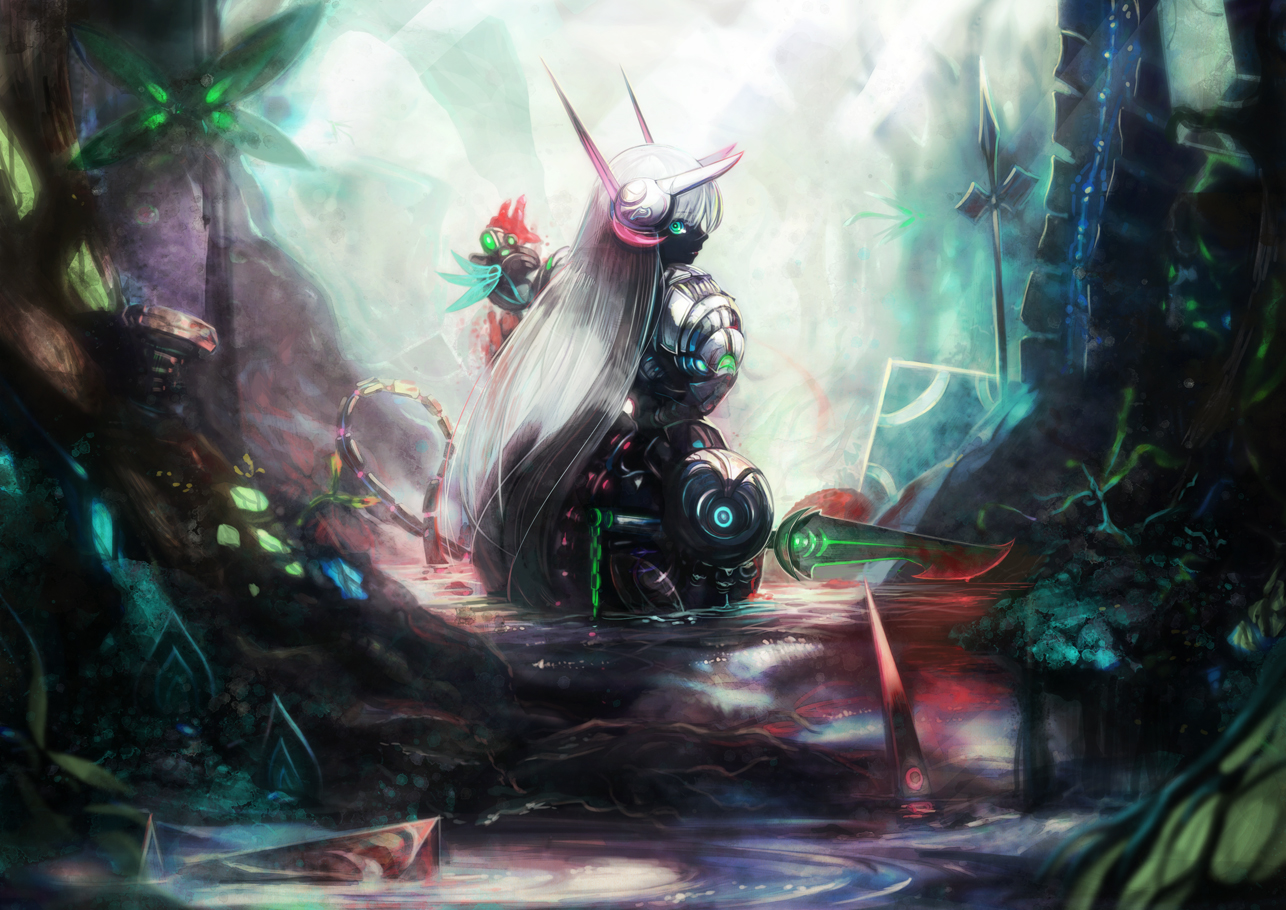 blood, green_eyes, jinichi, original, weapon, white_hair