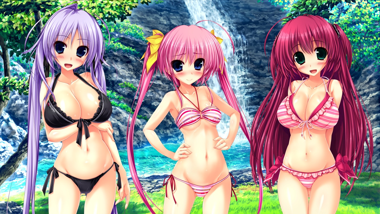 benifuji_yuria, bikini, blush, clochette, game_cg, hoshizaki_ouka, oshiki_hitoshi, sakigake_generation, swimsuit, twintails, yukinomiya_an'on